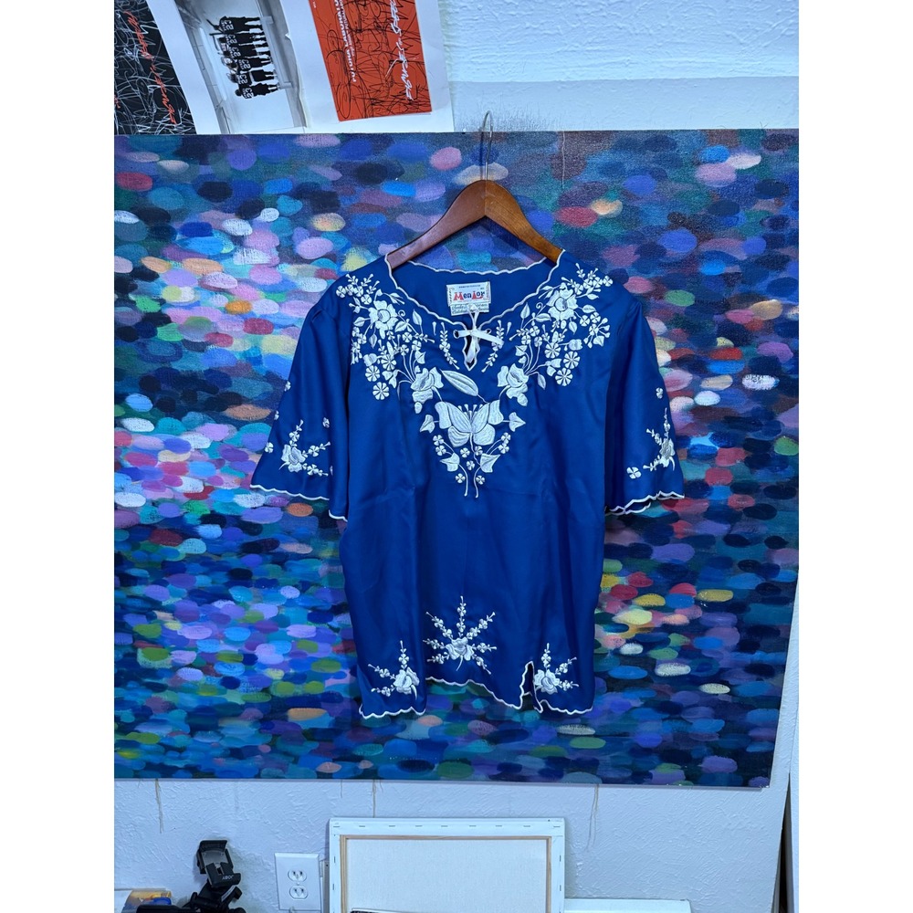 Vintage Mexican Blouse Blue White Floral Embroidered Seda Francesa Top 40